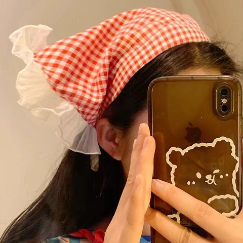 French Style Plaid Lace Triangle Scarf Headband Women Pastoral Cotton Hair Band Accessory