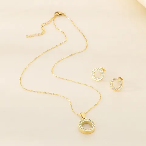 Stainless Steel Round Pendant Necklace And Stud Earrings For Women Minimalist Pave Rhinestone Circular Jewelry Fashion Jewelry Gift