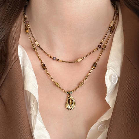 Vintage Tiger Eye Beaded Necklace Copper Pendant Bohemia Retro Clavicle Chain Jewelry For Women