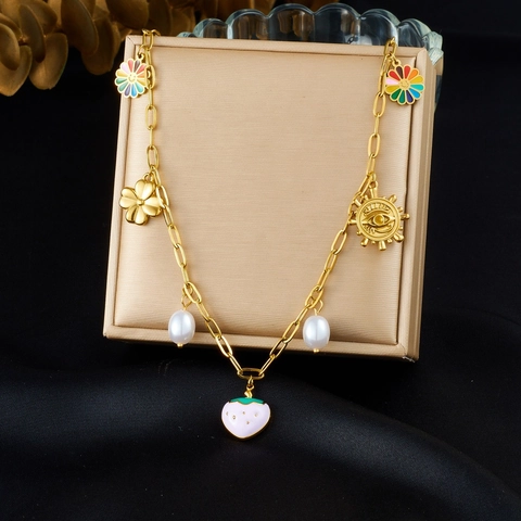 Collar De Acero Inoxidable Chapado En Oro Con Colgantes De Esmalte Fresa Girasol Corazón Ojo Turco Y Perla Artificial De Imitación