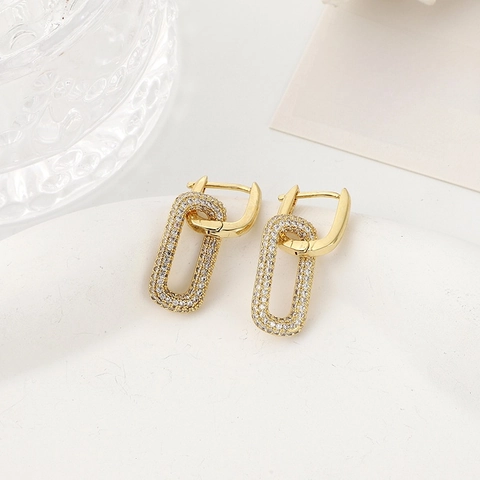 Geometric Rectangle Link Hoop Earrings For Women Minimalist 18K Gold Plated Brass With Clear Zircon Micro Pave