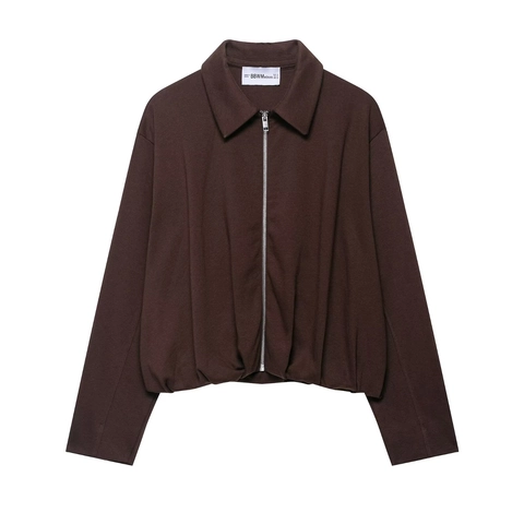 Women's Casual Polyester Zipper Jacket Featuring Lapel Collar And Pleated Hem Long Sleeve Solid Color Streetwear Outerwear