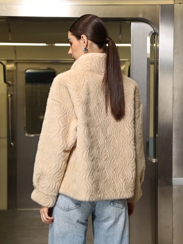 Dames Faux Fur Jas Gegolfde Textuur Opstaande Kraag Lange Mouwen Dikke Warme Jas Casual Mode Streetwear Bovenkleding