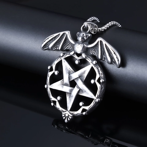 Collar Colgante De Pentagrama Y Murciélago Gótico De Acero Inoxidable Estilo Vikingo Vintage Joyería De Plata Pulida