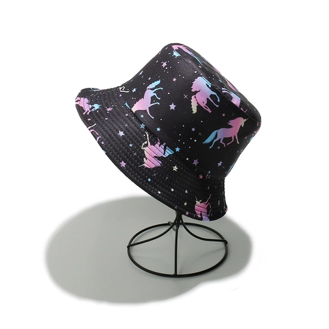 Chapeau Bob En Polyester Protection Solaire Extérieur Hip Hop Dégradé Licorne Étoile Imprimé Unisexe Noir