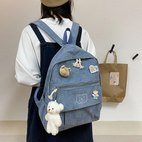 Corduroy Rugzak Voor Meisjes Grote Capaciteit Schooltas Schattige Beer Hanger Harajuku Japanse Stijl Student Rugzak