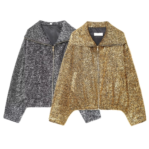 Women Bomber Jacket Metallic Thread Sequin Fuzzy Fringe Short Coat Zipper Lapel French Style Fashion