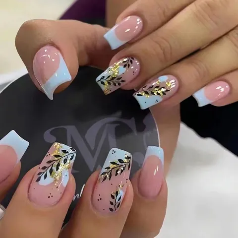 French Light Blue Press On Nails Medium Square Fake Nails With Gold Foil Black Leaf Pattern Elegant Manicure For Women