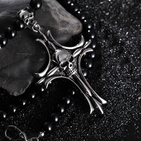 Skull Cross Pendant Necklace Stainless Steel Black Round Beaded Chain Gothic Hip Hop Jewelry For Men And Boys