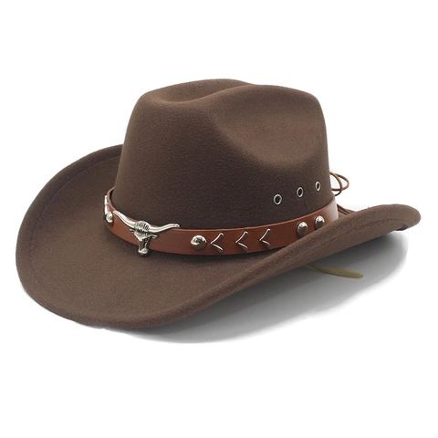 Western Cowboy Hat Woolen Felt With Leather Band Metal Bull Head Broad Brim Vintage Retro Style For Men Women