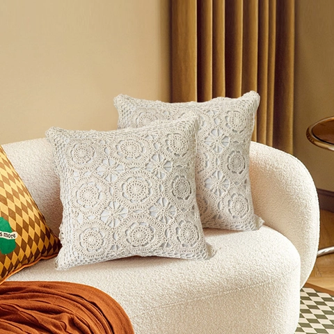 Crochet Pillow Cover Cotton Lace Hollow Out Bohemian Decorative Cushion Case For Sofa Bed Couch Cream Beige