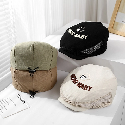 Kids Mesh Sun Hat Breathable Cotton Polyester Cartoon Bear Embroidery Adjustable Peaked Beret Cap For Toddler Boys Girls