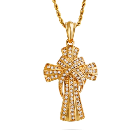 Hip Hop Iced Out Kreuz Anhänger Halskette Edelstahl Gold Vergoldet Zirkon Band Gewickelt Gedrehte Seilkette Herren