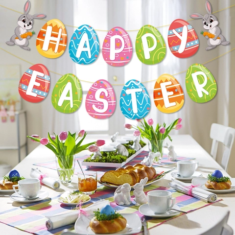 Happy Easter Banner Girlande Papier Bunte Eier Cartoon Hase Festliche Party Deko Home Decor Hängeschild