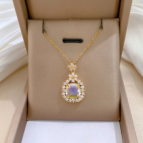 Collana Con Pendente A Fiore Catena In Acciaio Al Titanio Ottone Micro Pavé Zircone Pietra Iridescente Elegante Donna