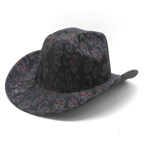 Western Cowboyhut Mit Totenkopf Druck Rote Glitzer Augen Halloween Kostüm Party Gothic Punk Fedora Für Herren Damen