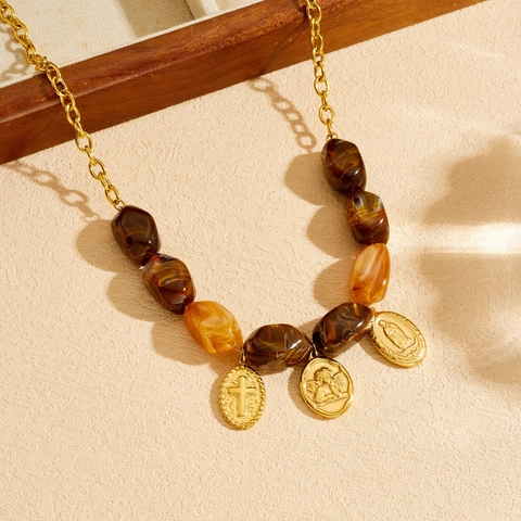 Retro Gold Plated Stainless Steel Necklace With Amber Marbled Resin Beads Cross Angel Virgin Mary Pendants For Women