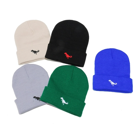 Kinder Strickmütze Acryl Warm Winter Dinosaurier Stickerei Umschlagmütze Für Jungen Und Mädchen