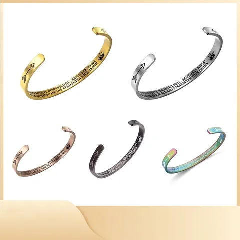Brazalete Abierto de Acero Inoxidable con Grabado Inspirador para Madre Hija Hermana Sentimiento Corona Flecha Joyería de Brazalete Pulido
