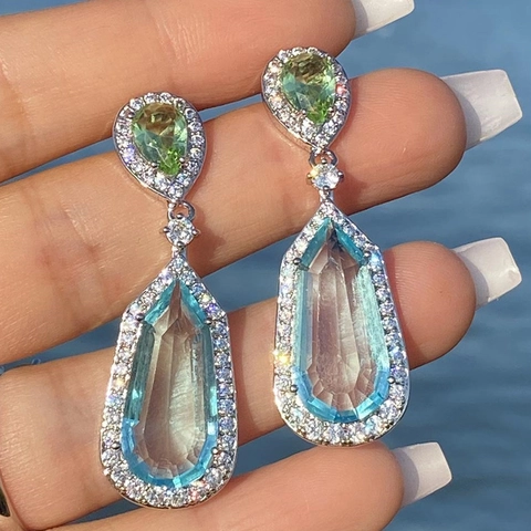 Orecchini Pendenti In Zirconia Bicolore Rame Geometrici Taglio A Pera Blu Chiaro Verde Halo Matrimonio Festa Donna
