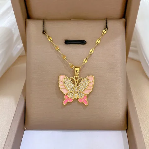 Schmetterling Anhänger Halskette Edelstahl Kette Kupfer Emaille Zirkonia Koreanischer Ins Stil Luxus Schmuck Für Damen
