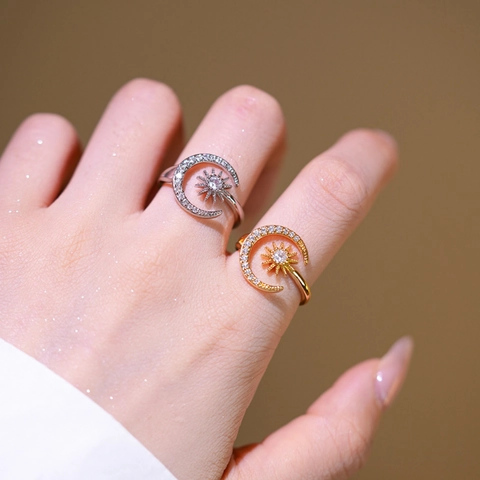 Sonne Mond Verstellbarer Ring Kupfer Vergoldet Zirkonia Öffnung Schmuck Für Frauen Luxus Himmlischer Stil