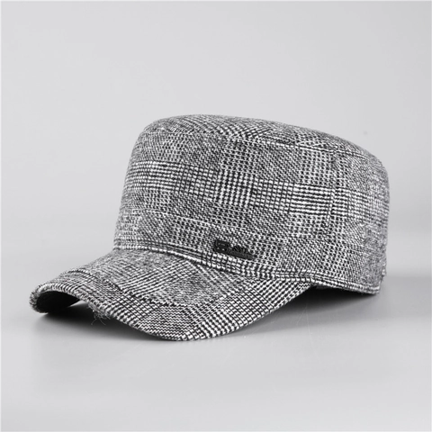 Men Winter Cadet Cap Flat Top Hat Warm Ear Flaps Woolen Tweed Plaid Retro Military Cap For Middle Aged Elderly Men