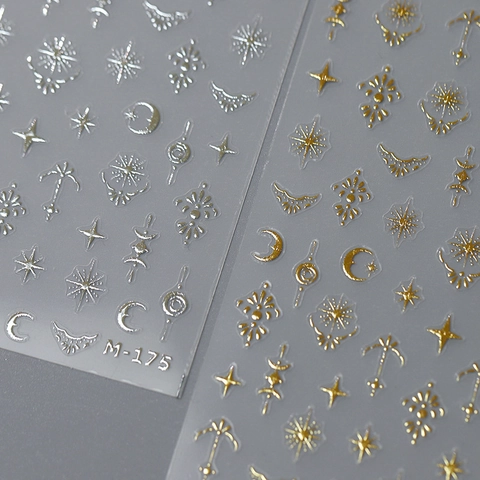3D Geprägte Nagel Aufkleber Himmlische Stern Mond Totem Selbstklebend Gold Silber Prägung PET Dekoration