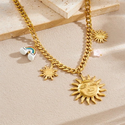 Collana E Bracciale Gioielli Con Pendente Viso Di Sole E Arcobaleno Acciaio Inossidabile Placcato Oro Smalto Per Donna