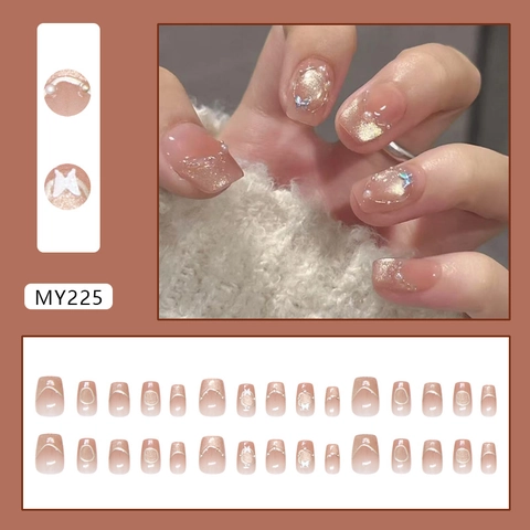 Rosa Farbverlauf Cat Eye Press On Nails Mit Künstliche Perle Schmetterling Straß Dekor Kurz Quadratisch Rund Künstliche Nägel