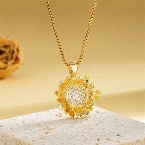 Collana Pendente Girasole Acciaio Inossidabile Zircone Incastonato Catena Box Gioielli Da Collo Per Donne