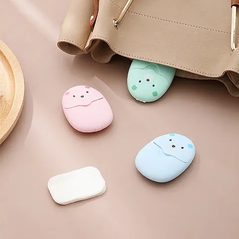 Portable Disposable Soap Sheets Cartoon Bear Plastic Case Dissolvable Paper Soap For Hand Washing Travel Mini Cleaning