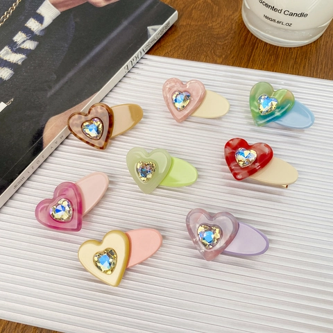 Heart Shape Hair Clips Acetate Resin Sparkling Rhinestone Inlay Colorful Sweet Style For Women And Girls