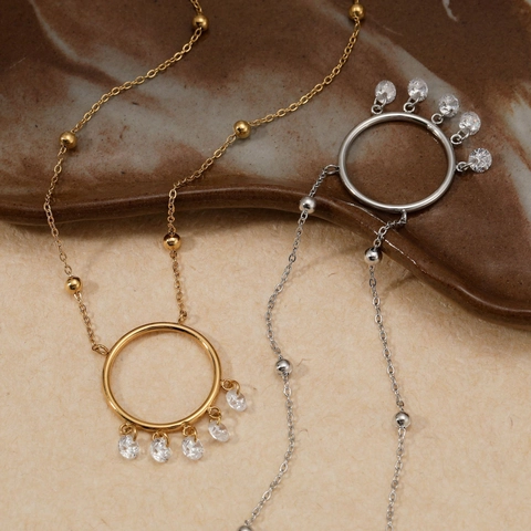 Stainless Steel Zircon Round Circle Dreamcatcher Pendant Necklace Beaded Chain Waterproof Jewelry For Women