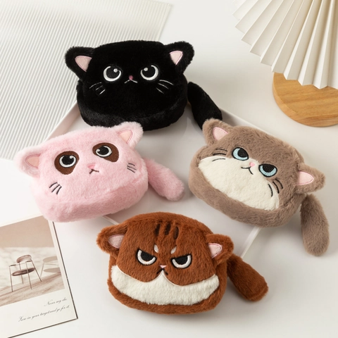 Cartoon Katze Plüsch Münzbörse Mini Aufbewahrungstasche Mit Stickerei Gesicht Und Schwanz Für Schlüssel Lippenstift Weich