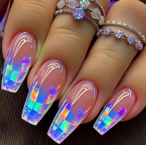 Long Ballerina Press On Nails Fashion Shiny Aurora Holographic Macaron Fake Nails Sweet Checkerboard Pattern Wearable Nails