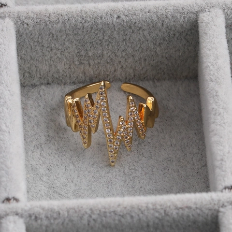 Herzschlag EKG Ring Gold Vergoldet Kupfer Mikropave Zirkon Welle Verstellbar Offen Schmuck Damen