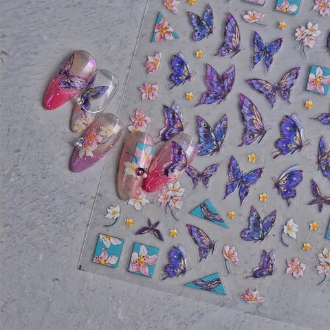 Pegatinas Arte De Uñas Mariposa Púrpura Flor De Durazno Calcomanías Florales Ultra Delgadas Para Mujeres Decoración De Manicura DIY