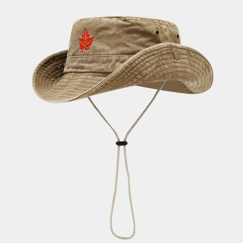 Cappello Da Pescatore In Cotone Lavato Con Ricamo Foglia Di Acero Rossa Coulisse Regolabile Protezione Solare Outdoor