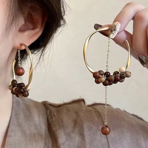 Pendientes Colgantes Bohemios Ratán Trenzado Cuentas Madera Flores Aleación Poste Plata Estilo Étnico Vintage Para Mujeres