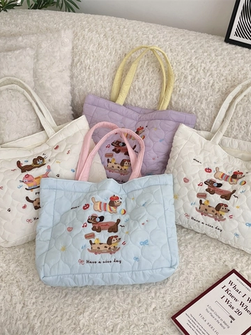 Borsa Tote Trapuntata Imbottita Ricamo Cane Cartone Animato Carino Borsa A Mano Grande Capacità Shopping Casual Borsa A Spalla Morbida
