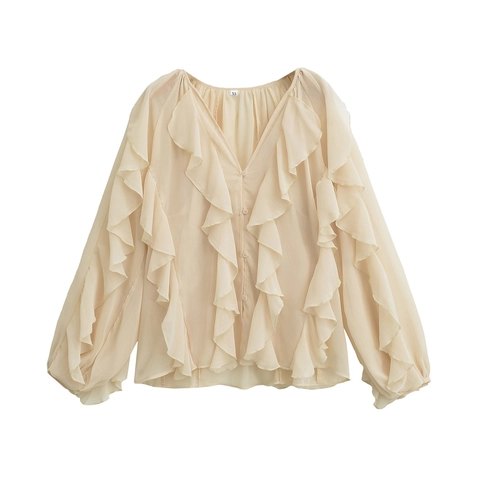 Dames Ruches Chiffon Blouse Lange Mouwen V Hals Gelaagde Frill Shirt Effen Kleur Elegant Top Met Lantaarnmouwen