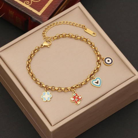 Bracciale Con Ciondoli In Smalto Acciaio Inossidabile Placcato Oro Cuore Stella Malocchio Pendente Gioielli Regolabili