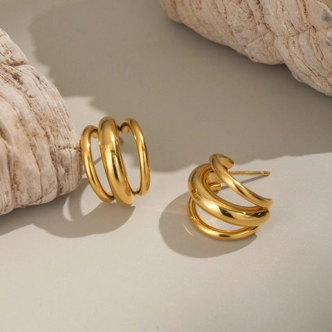 Dreilagige Creolen 18K Vergoldeter Edelstahl Wasserdicht Hypoallergen Minimalistischer Geometrischer Schmuck Für Damen