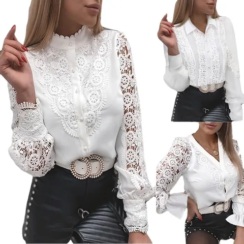 Women's Fashion Long Sleeve V Neck Button Lace Blouse Elegant Casual Solid Color Office Shirt Top