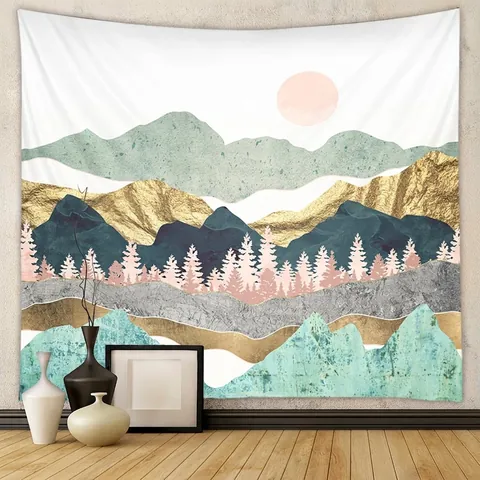Arazzo Da Parete Paesaggio Astratto Tessuto Poliestere Stile Boho Montagna Sole Foresta Decorazione Camera