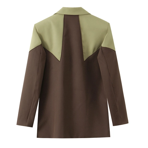 Damen Color Block Patchwork Blazer Reverskragen Langarm Lässige Commuter Oberbekleidung Jacke Polyester Vintage Stil