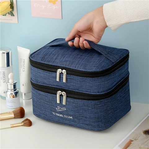Große Kapazität Doppelschicht Make-Up Tasche Kationisches Oxford Tuch Wasserdichte Kulturbeutel Reise Aufbewahrungstasche