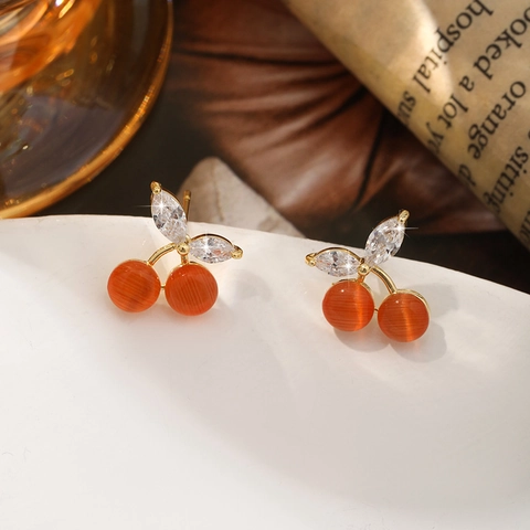 Pendientes de Botón de Cereza con Piedra de Ojo de Gato y Poste de Plata de Ley 925 Cobre Circonia Hoja Joyería de Fruta para Mujer