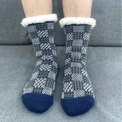 Chaussettes De Maison Homme Tricotées À Carreaux Doublées De Molleton Sherpa Chaudes Antidérapantes Pantoufles Hiver